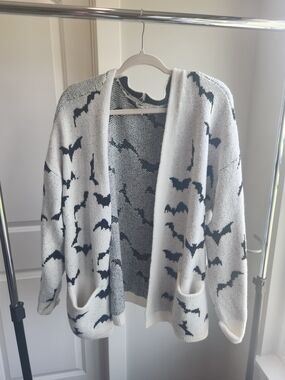 Open-Front White and Black Bat Pattern Cardigan Sweater
